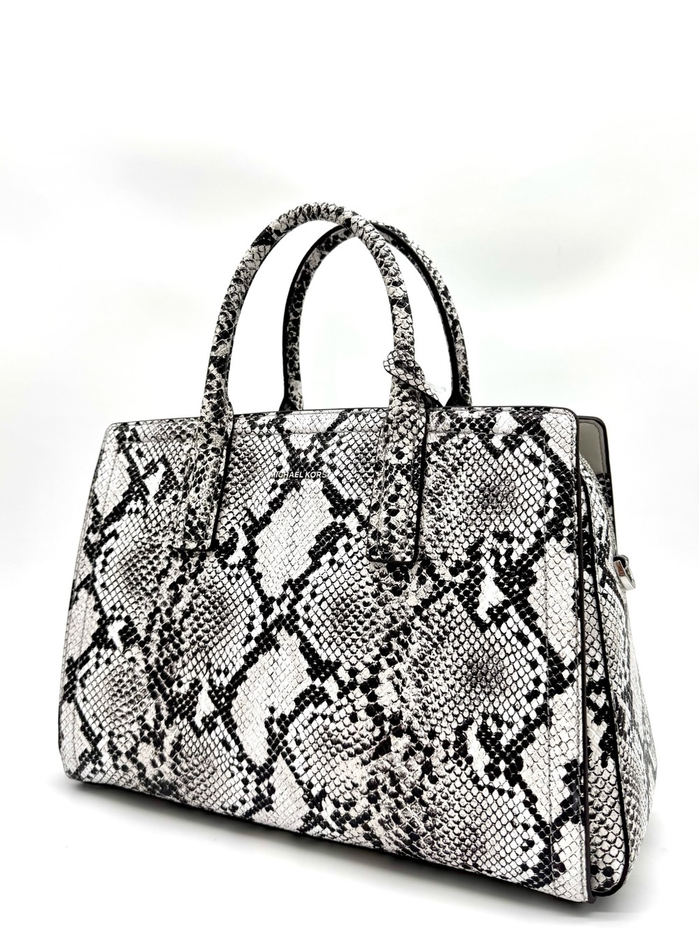 MICHAEL Michael Kors Laila Medium Snakeskin Leather Satchel Bag-Aluminum